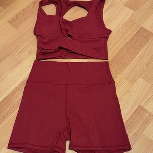 Burgundy Twist-Front Sports Bra & High-Waist Bike Shorts Set